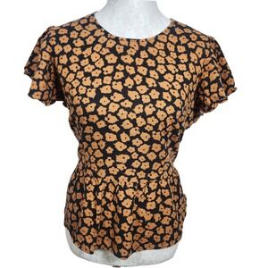 WHO WHAT WEAR Womens Black Orange Floral Peplum Flutter‎ Sleeve Keyhole Top L